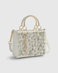 Cream Floral Applique Tote Bag