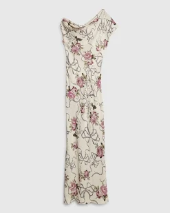 Cream Floral Asymmetric Neck Maxi Slip Dress