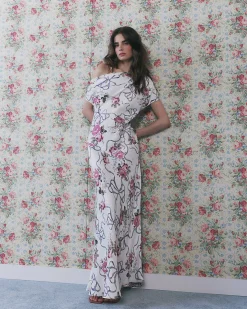 Cream Floral Asymmetric Neck Maxi Slip Dress