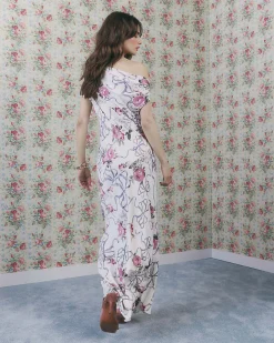 Cream Floral Asymmetric Neck Maxi Slip Dress