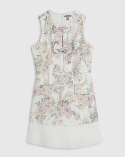 Cream Floral Bow Front Boucle Dress