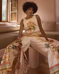 Cream Floral Cutwork Cropped Trousers