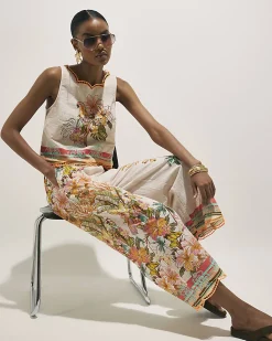 Cream Floral Cutwork Cropped Trousers