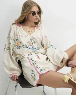 Cream Floral Embroidered Shorts