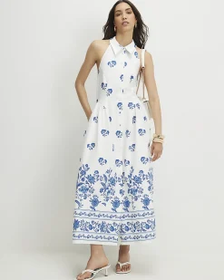 Cream Floral Halter Neck Maxi Shirt Dress