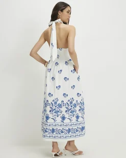 Cream Floral Halter Neck Maxi Shirt Dress