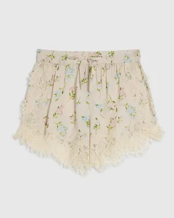 Cream Floral Lace Trim Shorts