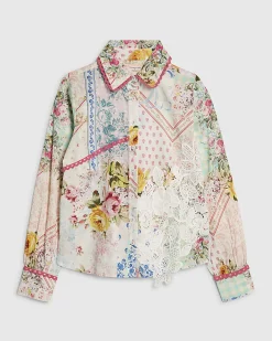 Cream Floral Patchwork Print Cotton Shirt