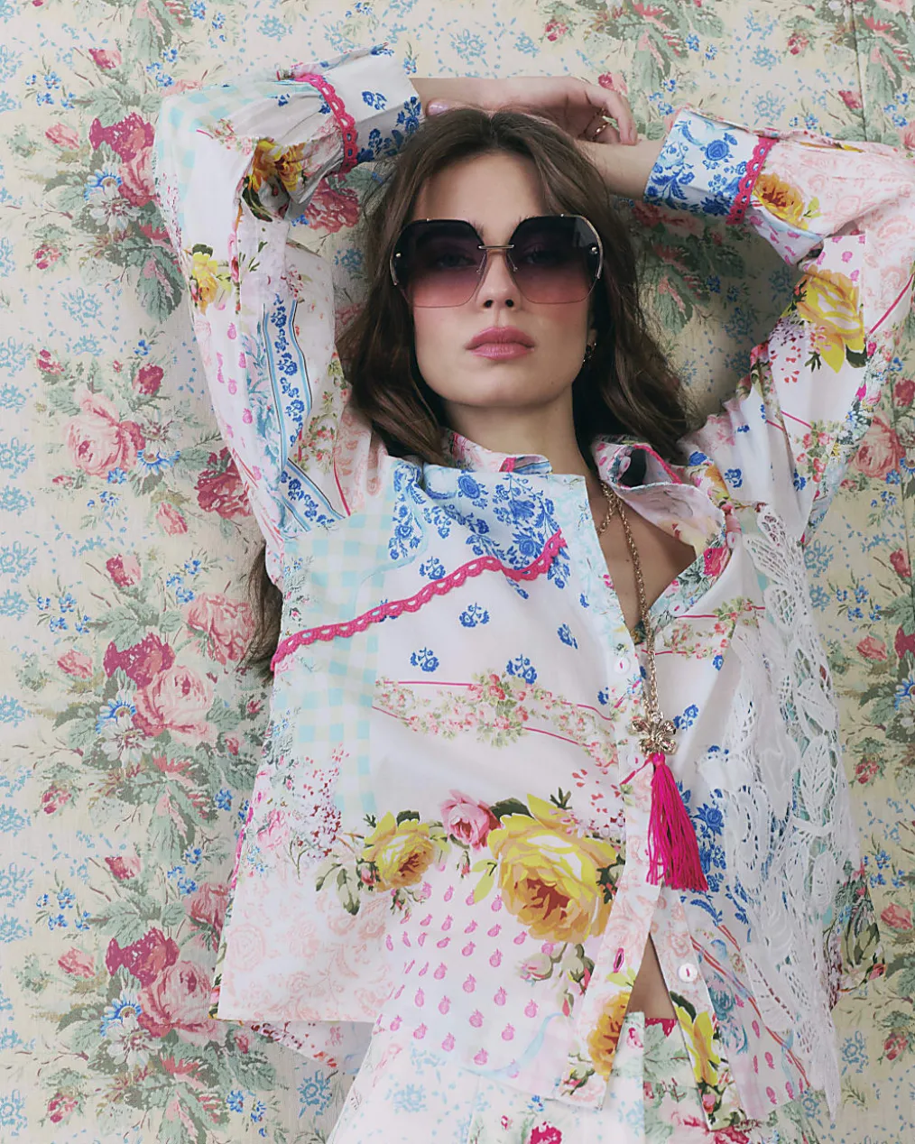 Cream Floral Patchwork Print Cotton Shirt