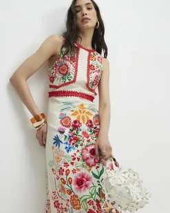 Cream Floral Print Cut Out Maxi Dress