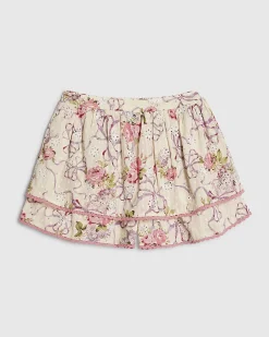 Cream Floral Printed Cotton Ruffle Shorts