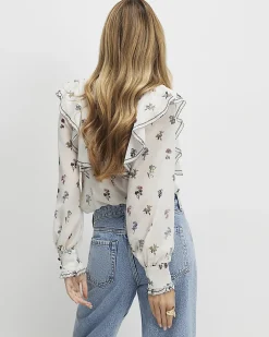 Cream Floral Ruffle Detail Blouse