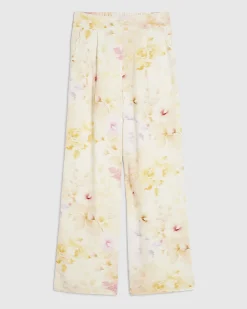 Cream Floral Scallop Trim Wide Leg Trousers