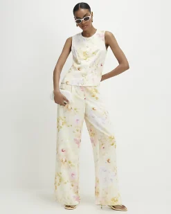 Cream Floral Scallop Trim Wide Leg Trousers