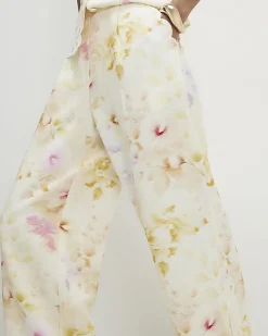 Cream Floral Scallop Trim Wide Leg Trousers