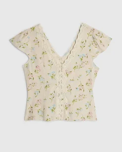 Cream Floral Short Sleeve Lace Trim Top