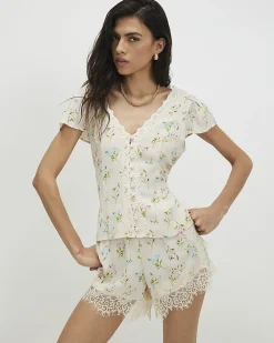 Cream Floral Short Sleeve Lace Trim Top