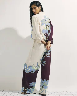 Cream Floral Wide Leg Beach Trousers