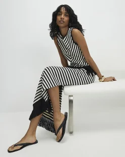 Cream Fringed Hem Stripe Midi Skirt
