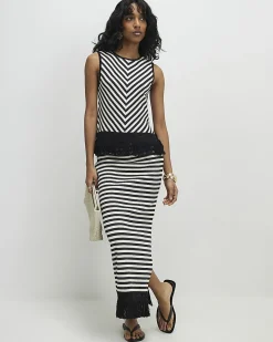 Cream Fringed Hem Stripe Midi Skirt
