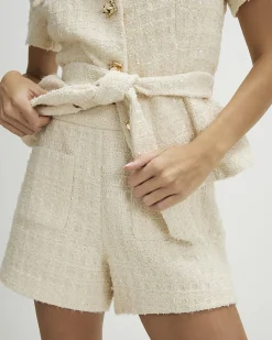 Cream Front Pocket Boucle Shorts