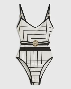 Cream Geometric Stripe Swimsuit