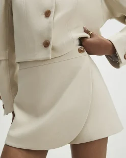 Cream Herringbone Button Detail Wrap Skort