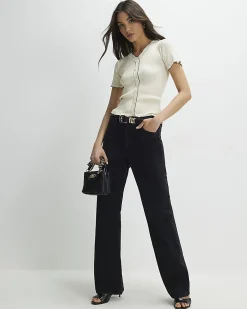 Cream Knitted Frill Trim Ribbed Top