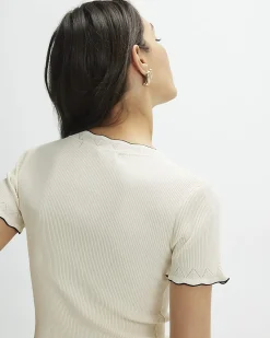 Cream Knitted Frill Trim Ribbed Top