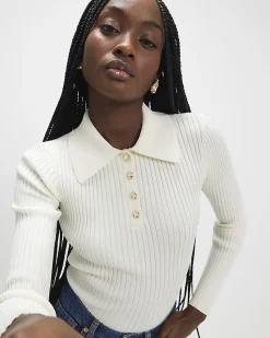Cream Knitted Long Sleeve Polo Top