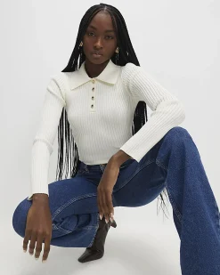 Cream Knitted Long Sleeve Polo Top
