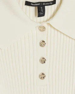 Cream Knitted Long Sleeve Polo Top