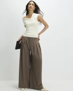 Cream Knitted One Shoulder Bardot Top