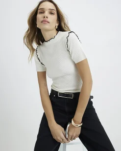 Cream Knitted Short Sleeve Frill Top