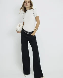 Cream Knitted Short Sleeve Frill Top