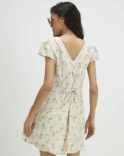 Cream Lace Trim Floral Print Mini Dress