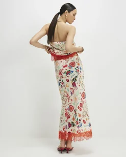 Cream Lace Trim Printed Slip Skirt