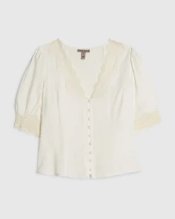 Cream Lace Trim Short Sleeve Blouse