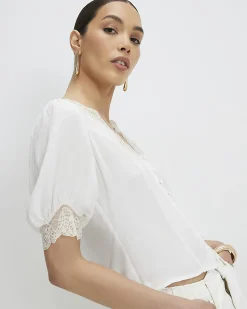 Cream Lace Trim Short Sleeve Blouse