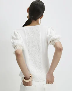 Cream Lace Trim Short Sleeve Blouse