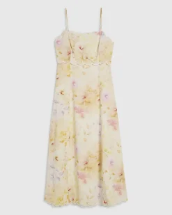 Cream Linen Blend Floral Scallop Midi Dress