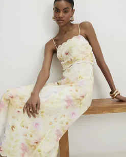 Cream Linen Blend Floral Scallop Midi Dress
