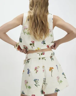 Cream Linen Blend Floral Belted Shorts