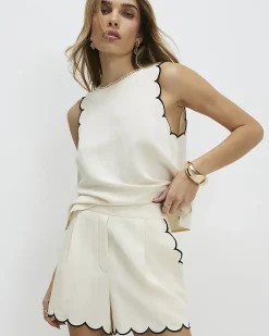 Cream Linen Blend Scallop Trim Shorts