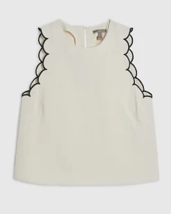 Cream Linen Blend Scallop Trim Tank Top