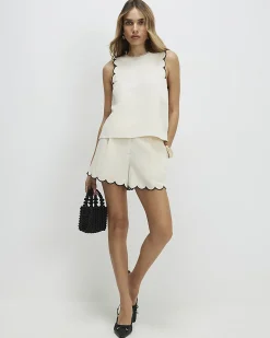 Cream Linen Blend Scallop Trim Tank Top