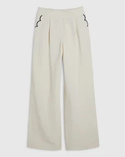Cream Linen Blend Scallop Wide Leg Trousers