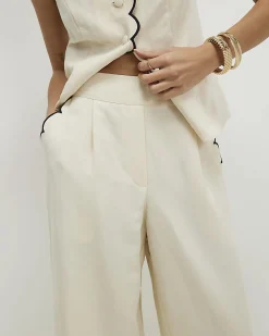 Cream Linen Blend Scallop Wide Leg Trousers