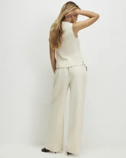 Cream Linen Blend Scallop Wide Leg Trousers