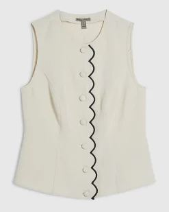 Cream Linen Blend Scallop Trim Waistcoat